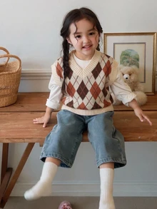 Dazy Kids 女嬰拼色菱格紋V領針織背心，秋冬季幼兒秋季服飾 - 卡其色 - 查看 6
