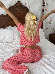 CottageSlumber مجموعة منزلية بنقشة زهور ريفية صغيرة، تصميم فيونكة لطيف، طقم بيجامة قطعتين بحافة دانتيل حلوة - أحمر برتقالي - مشاهدة 5