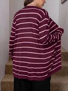 SHEIN LUNE 大尺碼女款純色秋冬黑白針織開襟衫，附口袋，適合度假穿搭、辦公正式場合、俱樂部約會、居家睡衣，波希米亞休閒軟綿款 - 酒紅色 - 查看 9