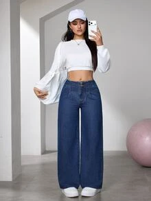 Flexra Women's Loose Wide Leg Jeans, Deep Blue Washed, Double Button Front Waist With Pleats, Elastic Back Waist, Comfortable Non-Binding, Hip-Flattering Slimming, Versatile For Commute And Travel, Autumn/Winter - Dark Wash - View 6