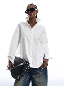 LYSMO Solid Drop Shoulder Oversize Button Front Shirt - White - View 4