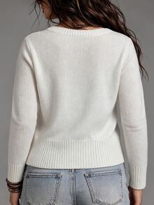 SHEIN LUNE CURVE كارديجان صوف محبوك كاجوال بياقة نابليون وأكمام طويلة بلون موحد للنساء مقاس كبير - أبيض - مشاهدة 2