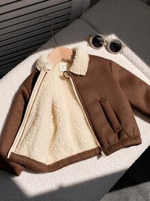 SHEIN 男嬰秋冬休閒翻領長袖保暖內裡加厚夾克外套，嬰兒夾克，保暖內裡夾克 - 彩色 - 查看 4