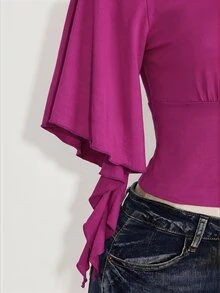 SHEIN ICON 女款大尺碼黑色夏季哥德風性感夜店約會派對 T-shirt，復古優雅 V 領荷葉袖修身 Y2K 風格 - 紫羅蘭色 - 查看 9
