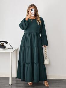 SHEIN CURVE+ 大尺碼女款春夏純色圓領燈籠袖荷葉邊鬆身休閒長洋裝，秋冬約會早午餐穿搭，黑色 - 水鴨藍 - 查看 8