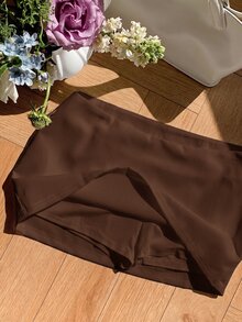 SHEIN 少女休閒日常短褲白色時尚裙，適合夏季，輕量材質 - 咖啡棕 - 查看 4