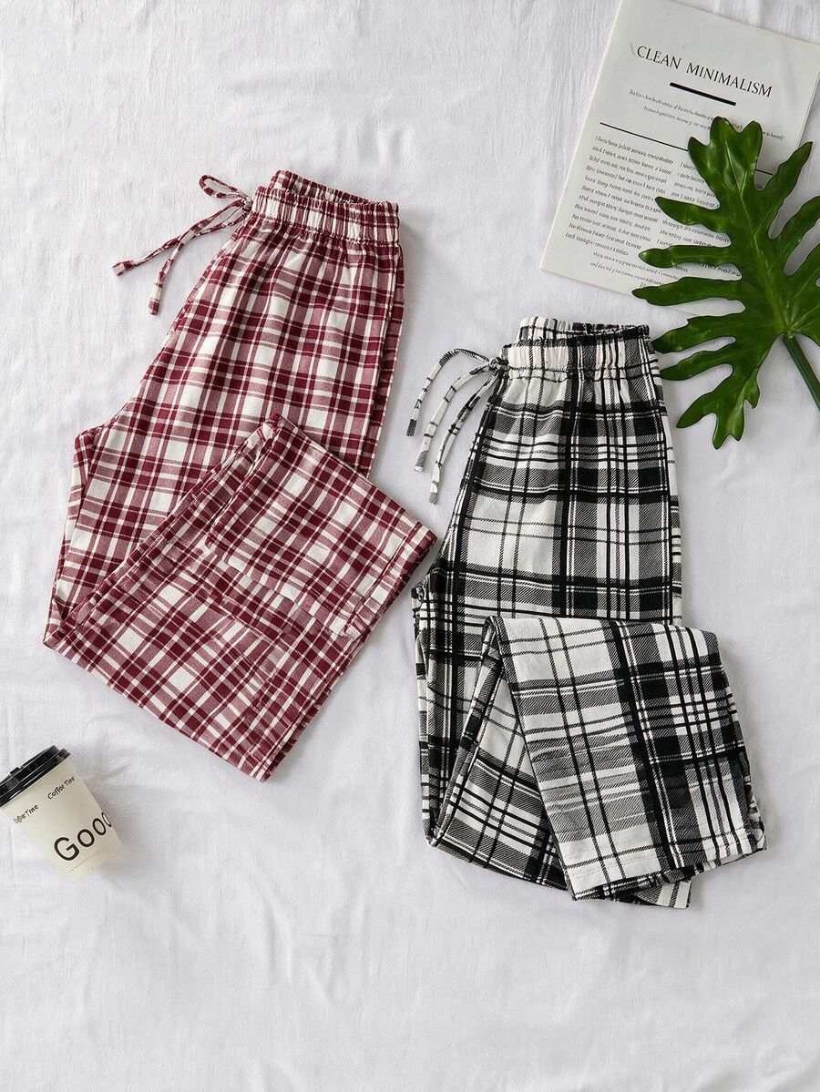 SHEIN طقم ملابس منزلية مريح للنساء من القطن، 2 قطعة بنطلون نوم بلون سادة مع رباط مزيف - متعدد الألوان - مشاهدة 1