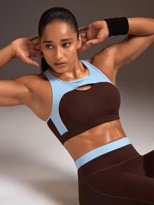 Powerista Women's Brown & Blue Color Block Back Hook Tight-Fit Sports Bra With Removable Padding - Brown - View 7