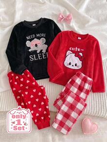 女童修身長袖長褲睡衣，秋冬抓絨，可愛貓咪圖案刺繡搭配經典格紋布料，舒適居家休閒服 - 紅白色 - 查看 3
