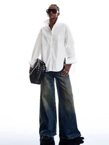 LYSMO Solid Drop Shoulder Oversize Button Front Shirt - White - View 3