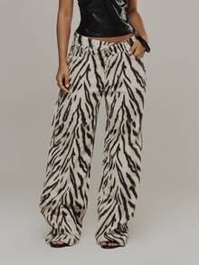 MUSERA Zebra Printed Low Rise Asymmetric Fastening Denim Jeans Going Out Sexy Fall Winter Christmas - Multicolor - View 2