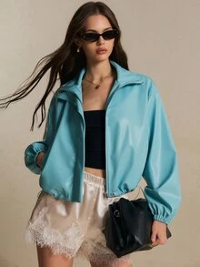 Poéselle Áo khoác nữ cổ phễu tay dài màu xanh nhạt trơn, phong cách thường ngày đường phố đa năng, thời trang thu, phù hợp mặc hằng ngày và du lịch - Màu xanh bạc hà - Xem 9