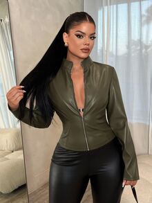 SHEIN SXY 性感修身長袖拉鍊夾克 - 墨綠色 - 查看 7