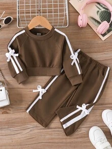 SHEIN 2pcs Baby Girls' Spring/Autumn Long Sleeve Sweatshirt And Pants Set With Bow Tie Knitted Fabric - Brown - View 1