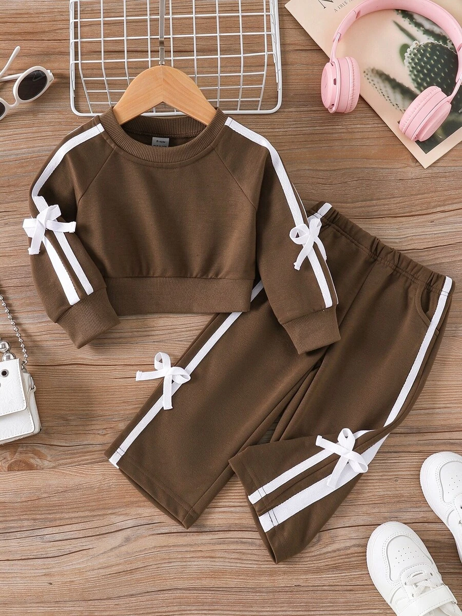 SHEIN 2pcs Baby Girls' Spring/Autumn Long Sleeve Sweatshirt And Pants Set With Bow Tie Knitted Fabric - Brown - View 1
