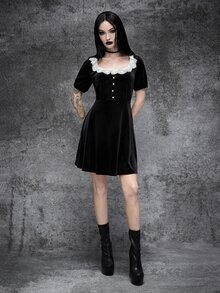 Cryptelle Women's Square Neck Lace Button Front Mini Short High Waist Velvet Dress Autumn/Winter Black Gothic Halloween Outfit Costume - Black - View 4