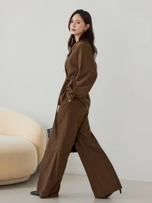 Dazy-Less Autumn/Winter Coffee Brown Round Neck Long Sleeve Slim Fit Waist Top With High Waist Loose Wide Leg Pants Women 2pcs Set - Coffee Brown - View 5