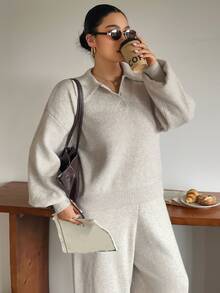 Dazy Plus Autumn/Winter New Style Lapel Casual Pants & Sweater 2 Pieces Set - Apricot - View 3