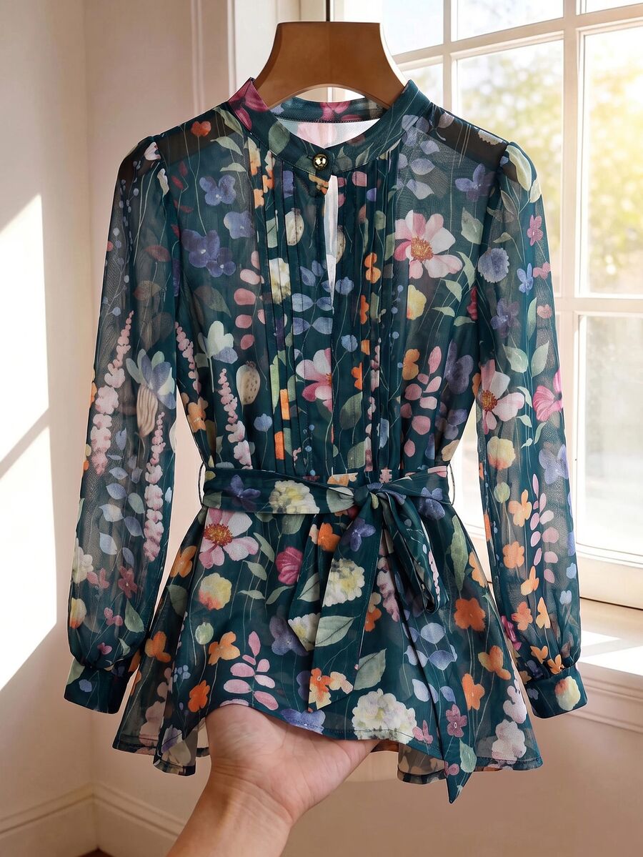 SHEIN Clasi 女款花卉印花長袖腰部打結優雅浪漫襯衫,白色花卉,適合早午餐,秋季 - 墨綠色 - 查看 1
