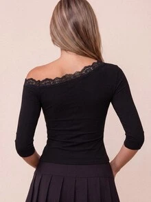 Rina Fox Women's Lace Trim Patchwork Neckline Asymmetric 3/4 Sleeve Slim Fit Flattering Top - Black - View 2