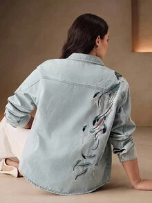 Anewsta Women's New Fashion Heavy Embroidery Hand-Sewn Beaded Tube Blue Oversized Top - Blue - View 7