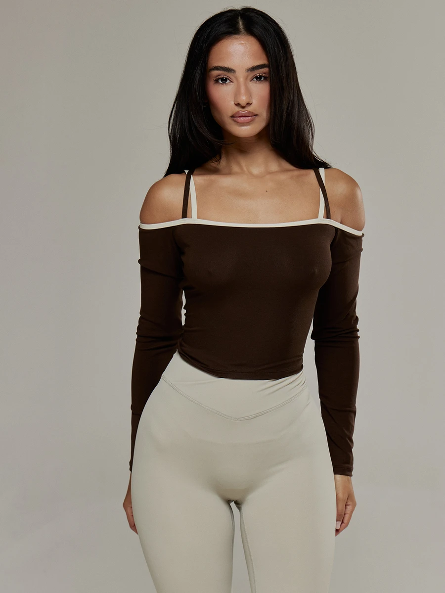 Musera Sport Cross Strap Off The Shoulder Contrast Colour Fitted Long Sleeve Top Winter Autumn Gym Pilates Fitness Daily Casual - Coffee Brown - View 1