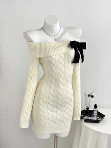 Autumina Women's Apricot Fashion Versatile Sweet Bow Knot Daily Commute Date Outfit Autumn/Winter Square Neck Sweater Dress - Apricot - View 4