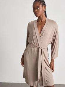 Ocili SHEINLeisure Ultra-Soft Plain Knit Robe, Blended Fabric, Silky, Can Be Paired With Any Basic Style - Khaki - View 5
