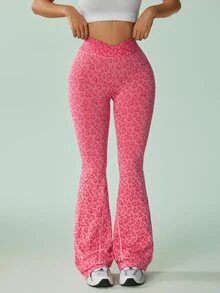 Sovereign Charm Seamless High Elasticity Sports Fitness Yoga Outfit Sexy Leopard Print Wide Leg Flare Pants - Pink - View 4