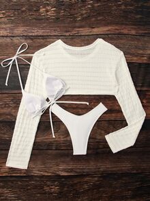 Bonvoyette Women's Spring/Fall Jacquard Fabric Solid Color Halter Top 3-Piece Bikini Set Beach Party White Tropical Sexy Elegant Women's Set Sports Swimwear - White - View 4