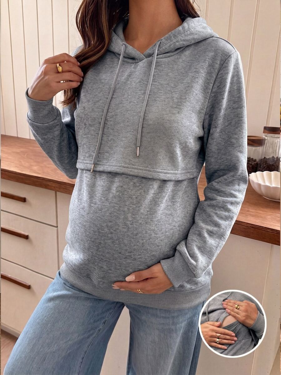 SHEIN 孕婦純色長袖休閒抽繩連帽哺乳衛衣 冬季 - 灰色 - 查看 1