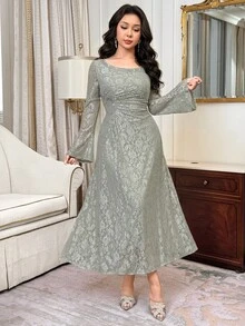 Feyla New Design Asymmetrical Collar High-End Exquisite Rhinestone Embellished Waist-Cinching Slimming Elegant Lace Party Dress - Gray green - View 2