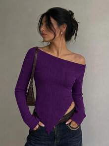 SHEIN SXY Grunge 風格不對稱領羅紋針織 T-shirt，秋季女款外出上衣 - 紫色 - 查看 8