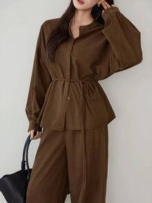 Dazy-Less Autumn/Winter Coffee Brown Round Neck Long Sleeve Slim Fit Waist Top With High Waist Loose Wide Leg Pants Women 2pcs Set - Coffee Brown - View 6
