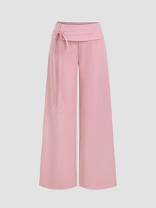 Sweetra Women's Front Fold Waist Tie Suit Pants - Pink - View 1