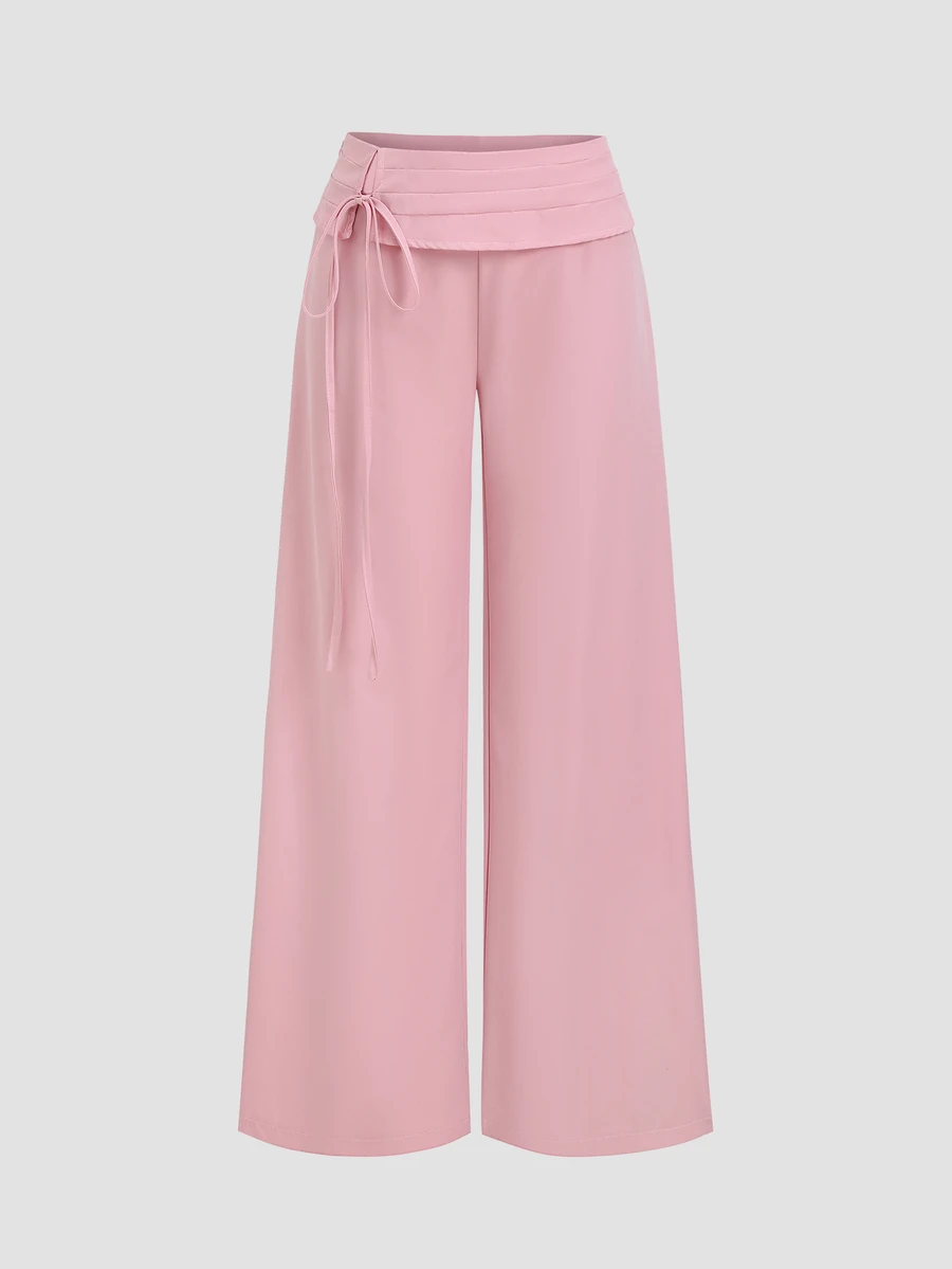 Sweetra Women's Front Fold Waist Tie Suit Pants - Pink - View 1