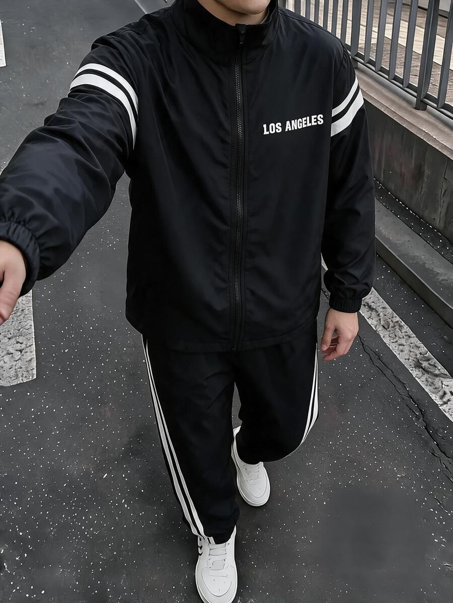 SHEIN 2pcs Kids Tween Boy Casual Sports Los Angeles Letter Pattern Color Block Webbing Hooded Jacket & Pants Set, Suitable For Commuting, School, Daily Casual, Vacation, Travel, Sports, Autumn/Winter - Black - View 1