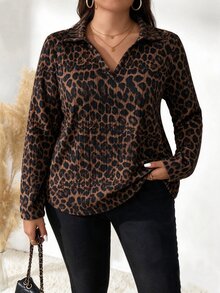 SHEIN LUNE Plus Size Leopard Print Ribbed Knit Top For Women, Collared V-Neck Long Sleeve Loose Fit Base Layer, Vintage Leopard Print Casual T-Shirt - Multicolor - View 1