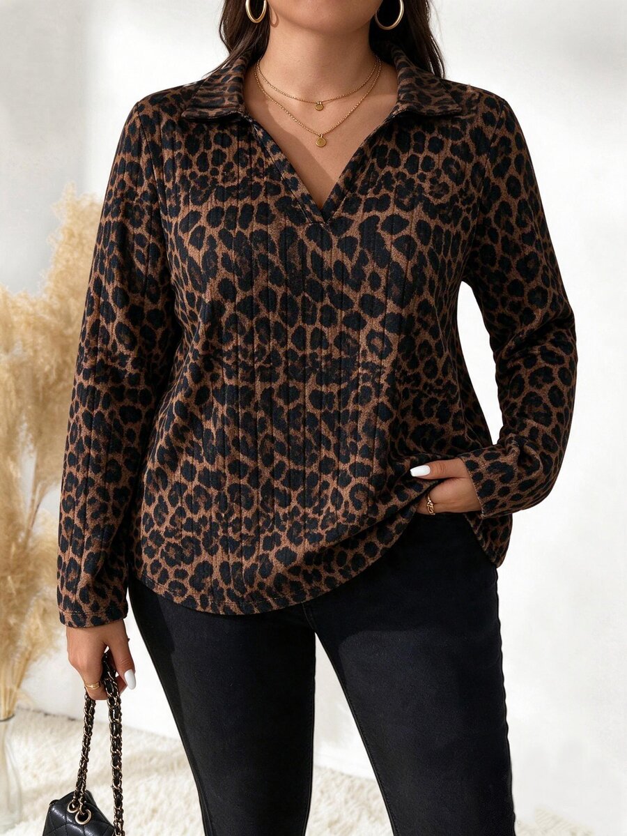 SHEIN LUNE Plus Size Leopard Print Ribbed Knit Top For Women, Collared V-Neck Long Sleeve Loose Fit Base Layer, Vintage Leopard Print Casual T-Shirt - Multicolor - View 1