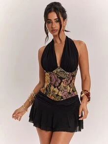 SHEIN BAE 秋季服飾 迷人性感優雅對比色可正反穿修身束腰上衣，夏季上衣，黑色上衣，外出上衣，夜店上衣，優雅上衣 - 彩色 - 查看 5