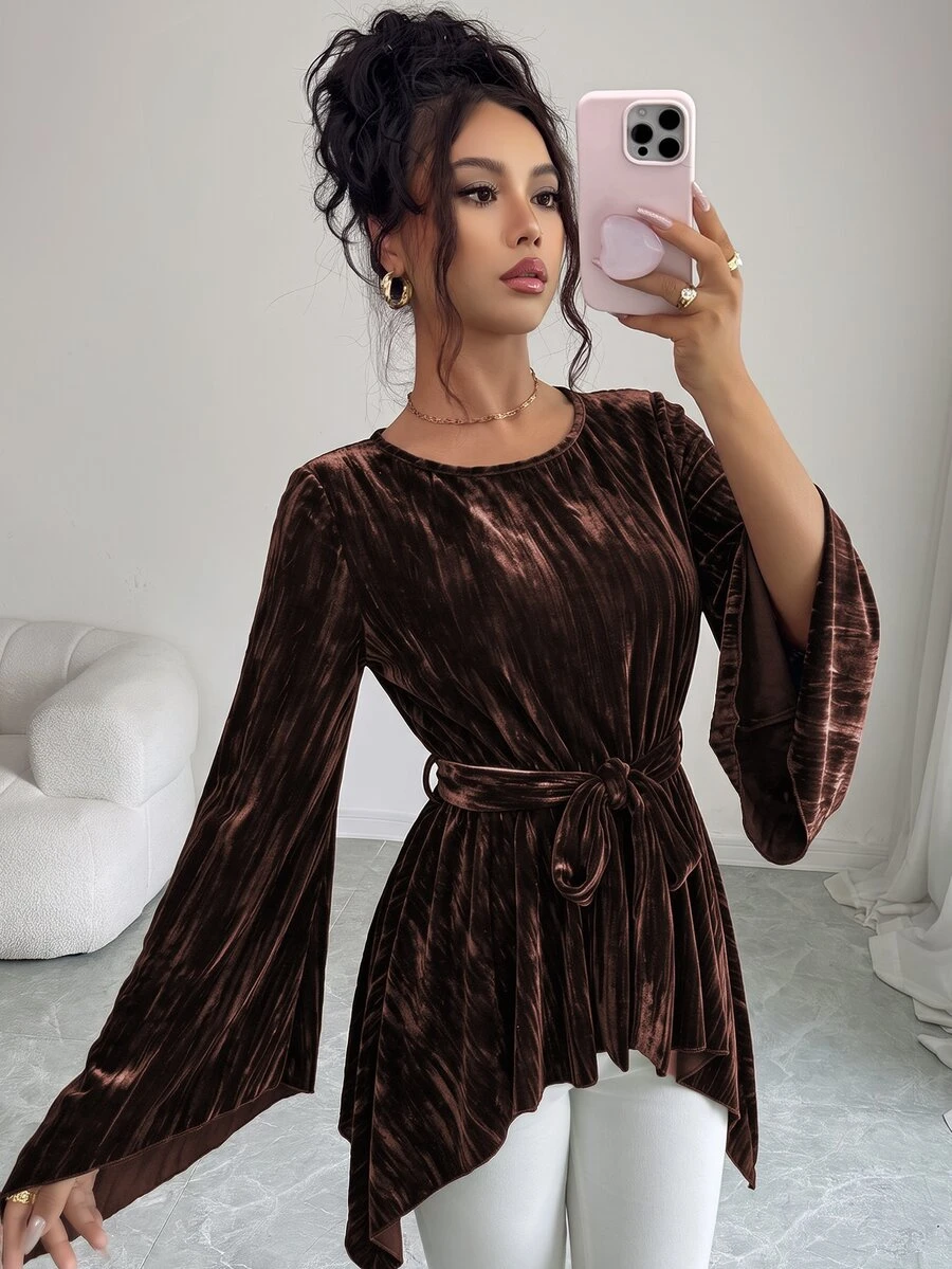 Elenzga Autumn/Winter Round Neck Coffee Color Velvet Pleated Blouse - Coffee Brown - View 1