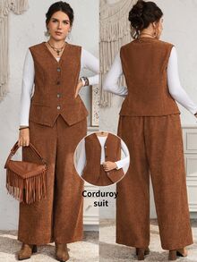 EMERY ROSE Plus Size Brown Textured Button Front V Neck Long Sleeve Two Pieces Set Elegant Formal Fall Winter 2026 - Brown - View 2