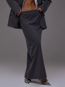 MUSERA Grey Woven Low Rise Slit Back Maxi Skirt Autumn Fall Winter Cute Everyday Office Corporate Romance - Grey - View 3
