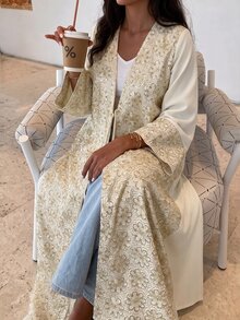 Yasmyna Elegant Luxurious Heavy Embroidery Long Robe With V-Neck Front Tie And Patchwork Cuffs Women's Arabic Abaya - Apricot - View 5