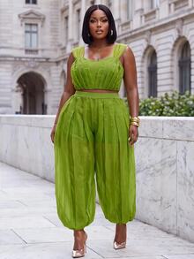 Slaydiva Plus Size Women's Pleated Design Cropped Sleeveless Top And Lantern Pants Fashion Set - Green - View 5