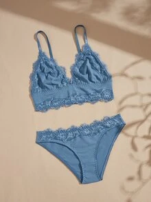 Lullawish Women's Lace Patchwork Tank Top And Triangle Panty Lingerie Set - Blue - View 3
