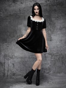 Cryptelle Women's Square Neck Lace Button Front Mini Short High Waist Velvet Dress Autumn/Winter Black Gothic Halloween Outfit Costume - Black - View 3