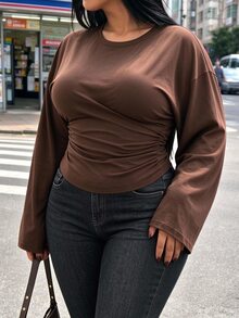 INAWLY Plus Size Women's Solid Color Round Neck Dropped Shoulder Long Sleeve Ruched T-Shirt - Coffee Brown - View 2