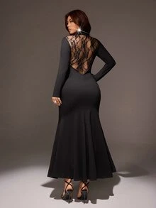 Viva Relle Plus Size Small Stand Collar Lace Patchwork Semi-Stand Collar Long Sleeve Dress Sexy Slim Fit Bodycon Mermaid Maxi Evening Gown - Black - View 6