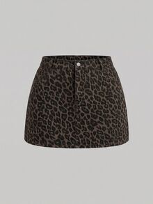 SHEIN MOD 大尺碼女款豹紋鈕扣休閒日常牛仔迷你裙 - 彩色 - 查看 1